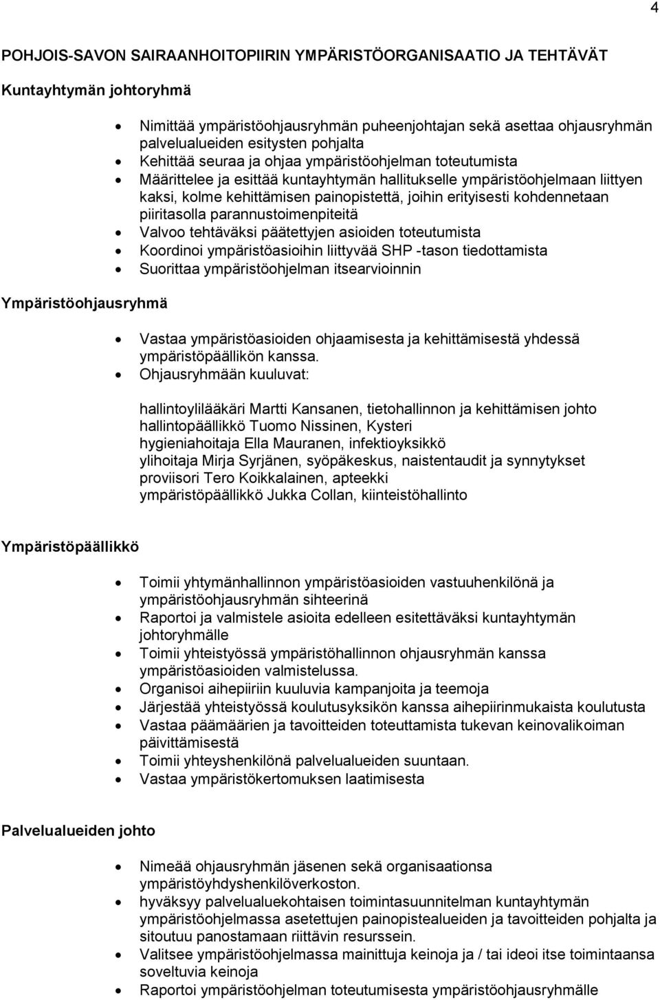 kohdennetaan piiritasolla parannustoimenpiteitä Valvoo tehtäväksi päätettyjen asioiden toteutumista Koordinoi ympäristöasioihin liittyvää SHP -tason tiedottamista Suorittaa ympäristöohjelman