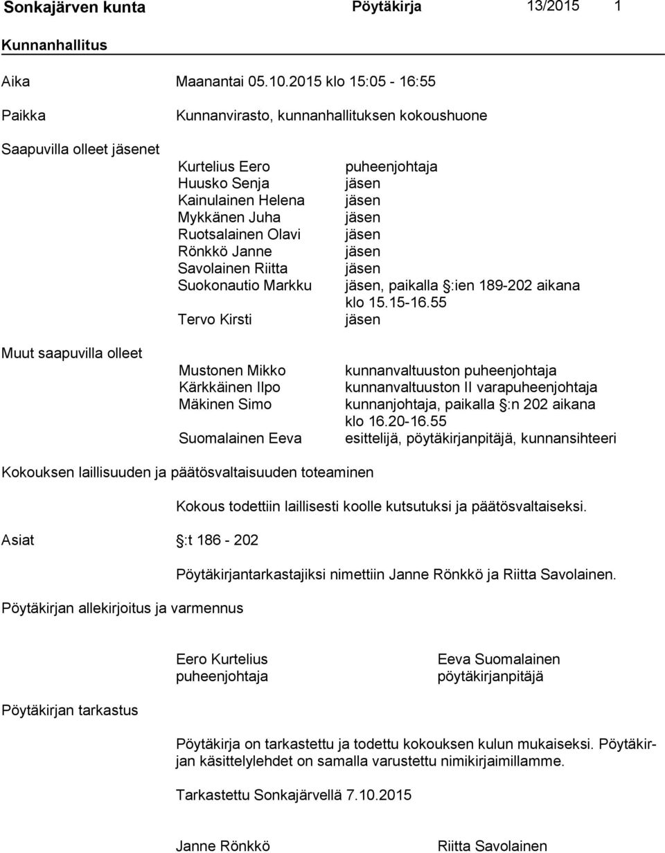 Olavi Rönkkö Janne Savolainen Riitta Suokonautio Markku Tervo Kirsti Mustonen Mikko Kärkkäinen Ilpo Mäkinen Simo Suomalainen Eeva puheenjohtaja jäsen jäsen jäsen jäsen jäsen jäsen jäsen, paikalla