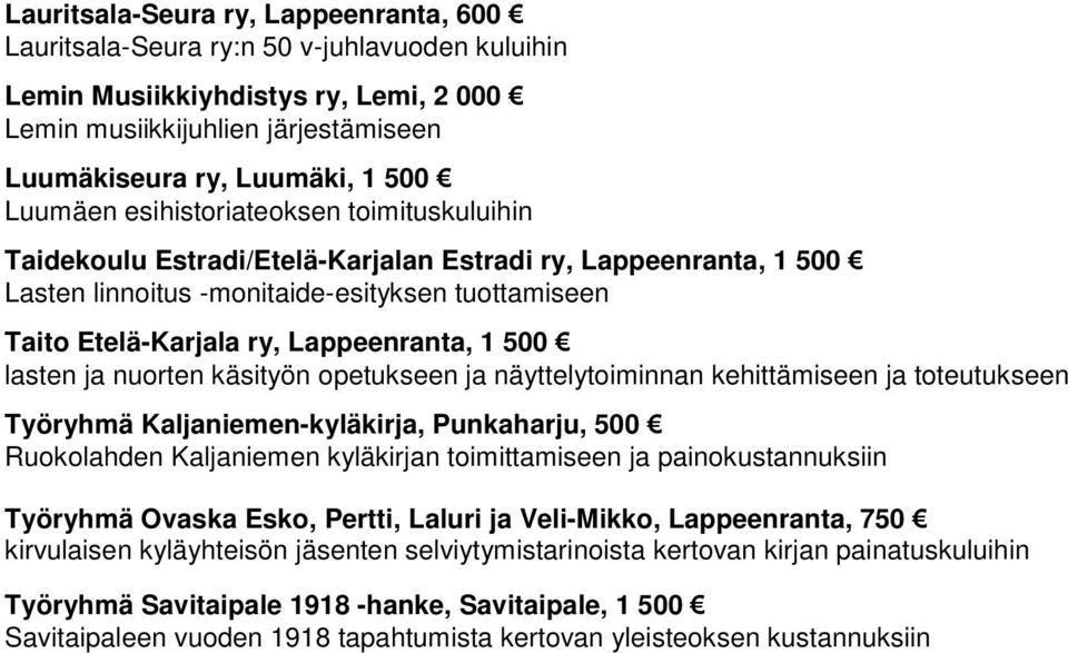 1 500 lasten ja nuorten käsityön opetukseen ja näyttelytoiminnan kehittämiseen ja toteutukseen Työryhmä Kaljaniemen-kyläkirja, Punkaharju, 500 Ruokolahden Kaljaniemen kyläkirjan toimittamiseen ja