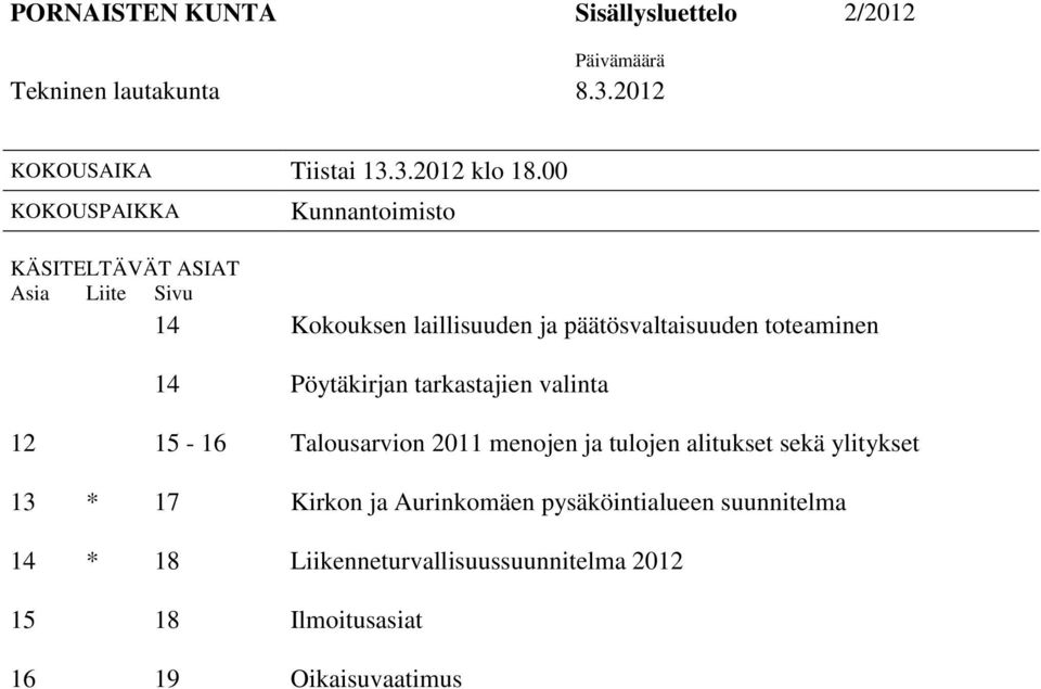 toteaminen 14 Pöytäkirjan tarkastajien valinta 12 15-16 Talousarvion 2011 menojen ja tulojen alitukset sekä ylitykset 13 *