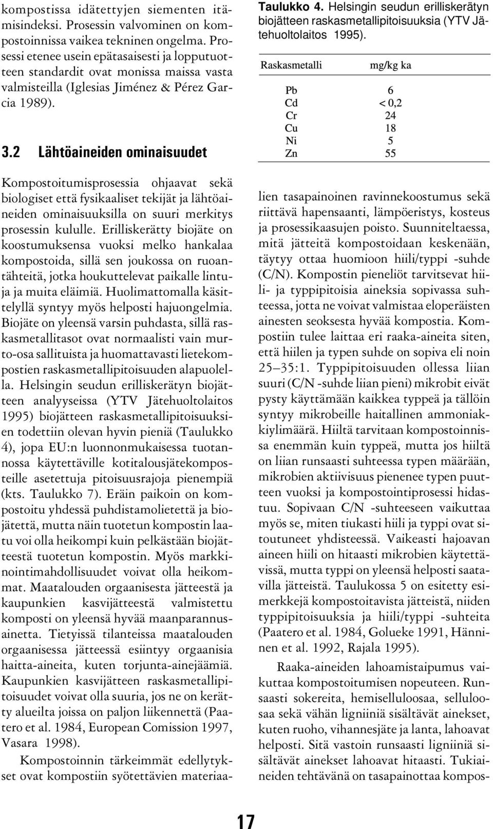 Helsingin seudun erilliskerätyn biojätteen raskasmetallipitoisuuksia (YTV Jätehuoltolaitos 1995). 3.