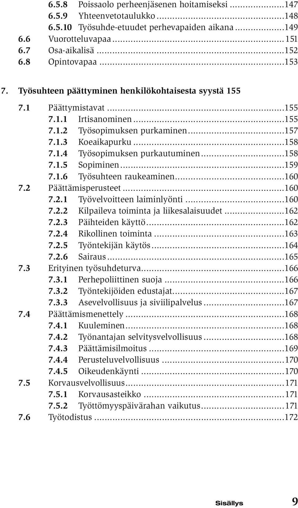 ..158 7.1.5 Sopiminen...159 7.1.6 Työsuhteen raukeaminen...160 7.2 Päättämisperusteet...160 7.2.1 Työvelvoitteen laiminlyönti...160 7.2.2 Kilpaileva toiminta ja liikesalaisuudet...162 7.2.3 Päihteiden käyttö.