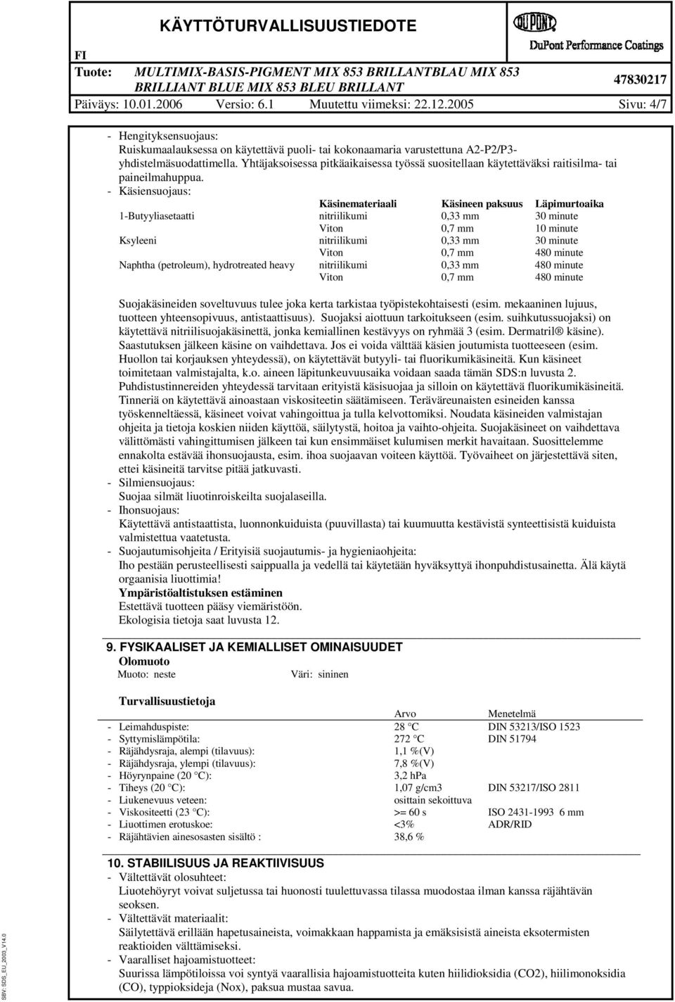 - Ksensuojaus: Ksnemateraal Ksneen paksuus Lpmurtoaka 1-Butyylasetaatt ntrlkum 0,33 mm 30 mnute Vton 0,7 mm 10 mnute Ksyleen ntrlkum 0,33 mm 30 mnute Vton 0,7 mm 480 mnute Naphtha (petroleum),