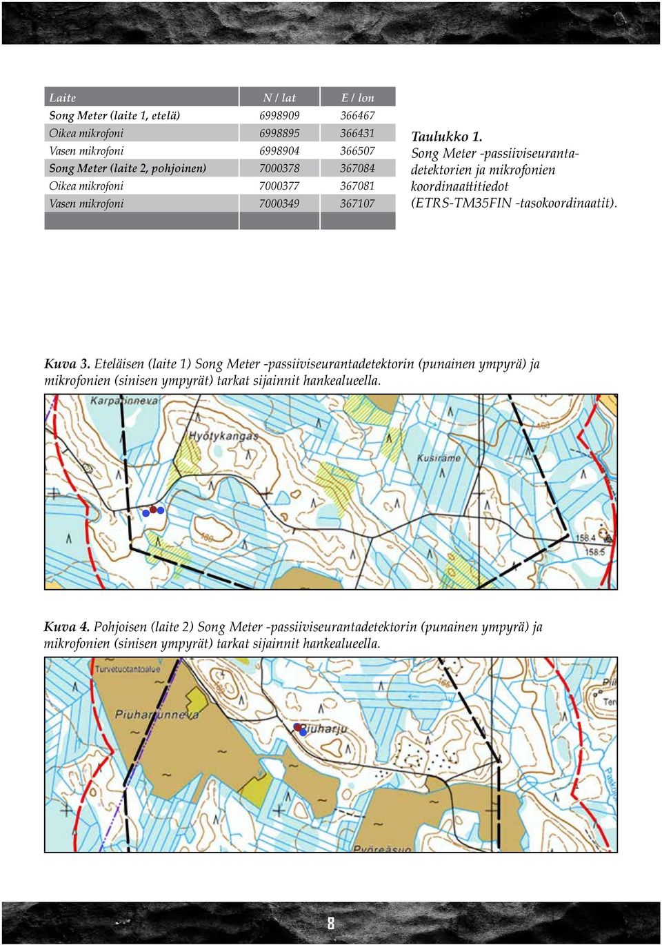Song Meter -passiiviseurantadetektorien ja mikrofonien koordinaattitiedot (ETRS-TM35FIN -tasokoordinaatit). Kuva 3.