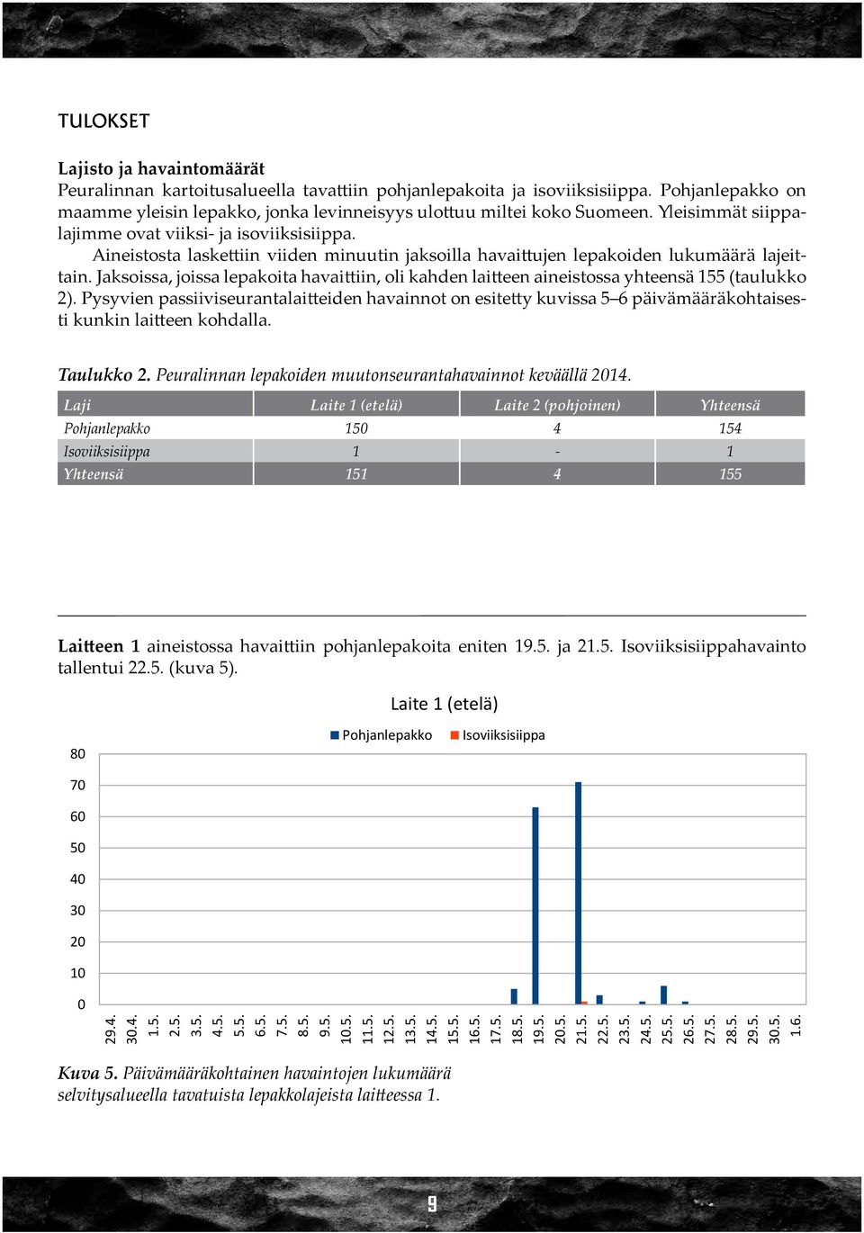 Jaksoissa, joissa lepakoita havaittiin, oli kahden laitteen aineistossa yhteensä 155 (taulukko 2).