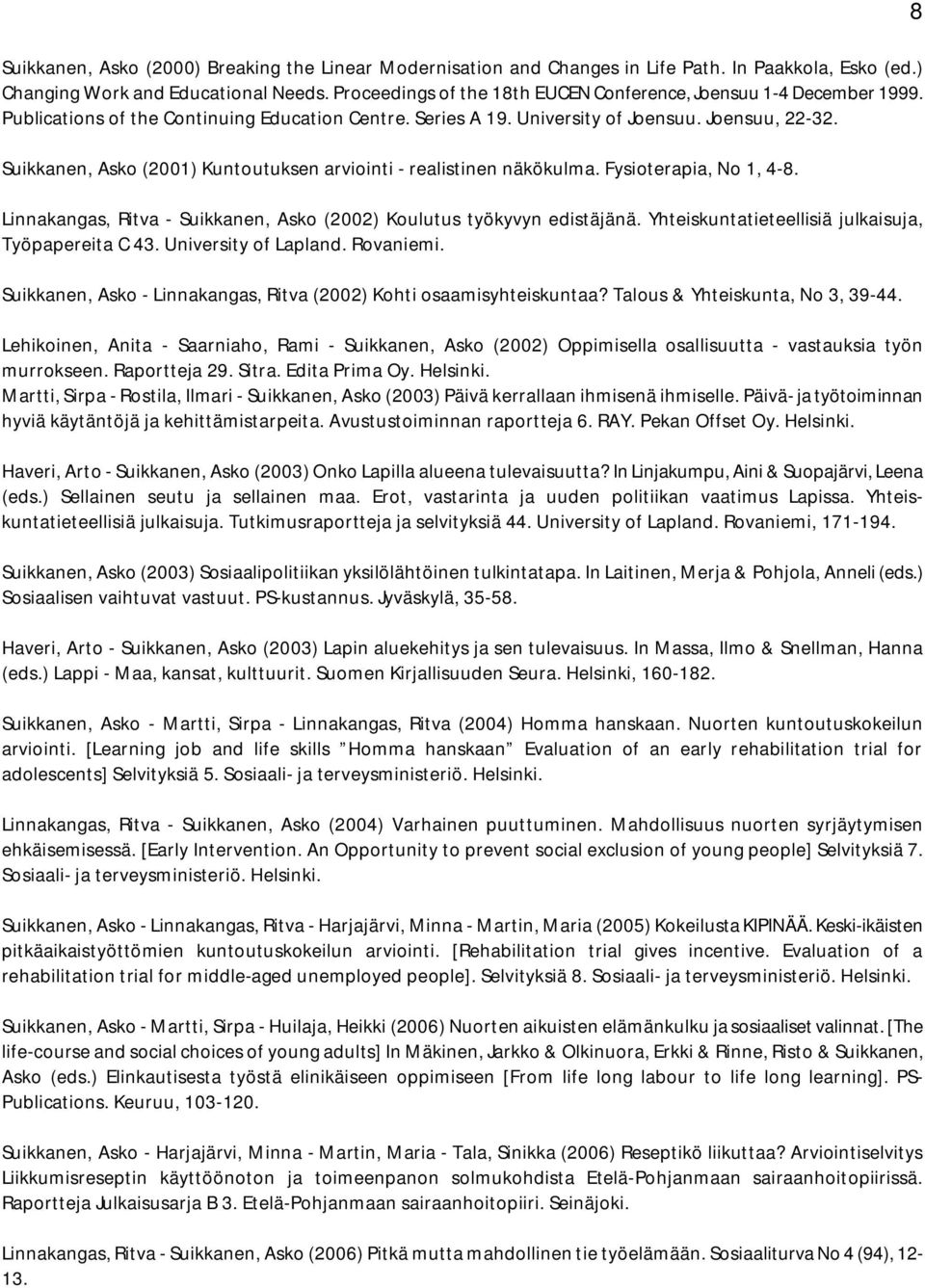 Suikkanen, Asko (2001) Kuntoutuksen arviointi - realistinen näkökulma. Fysioterapia, No 1, 4-8. Linnakangas, Ritva - Suikkanen, Asko (2002) Koulutus työkyvyn edistäjänä.