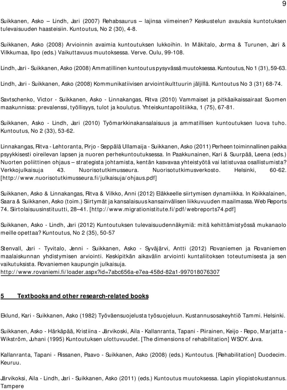 Lindh, Jari - Suikkanen, Asko (2008) Ammatillinen kuntoutus pysyvässä muutoksessa. Kuntoutus, No 1 (31), 59-63. Lindh, Jari - Suikkanen, Asko (2008) Kommunikatiivisen arviointikulttuurin jäljillä.