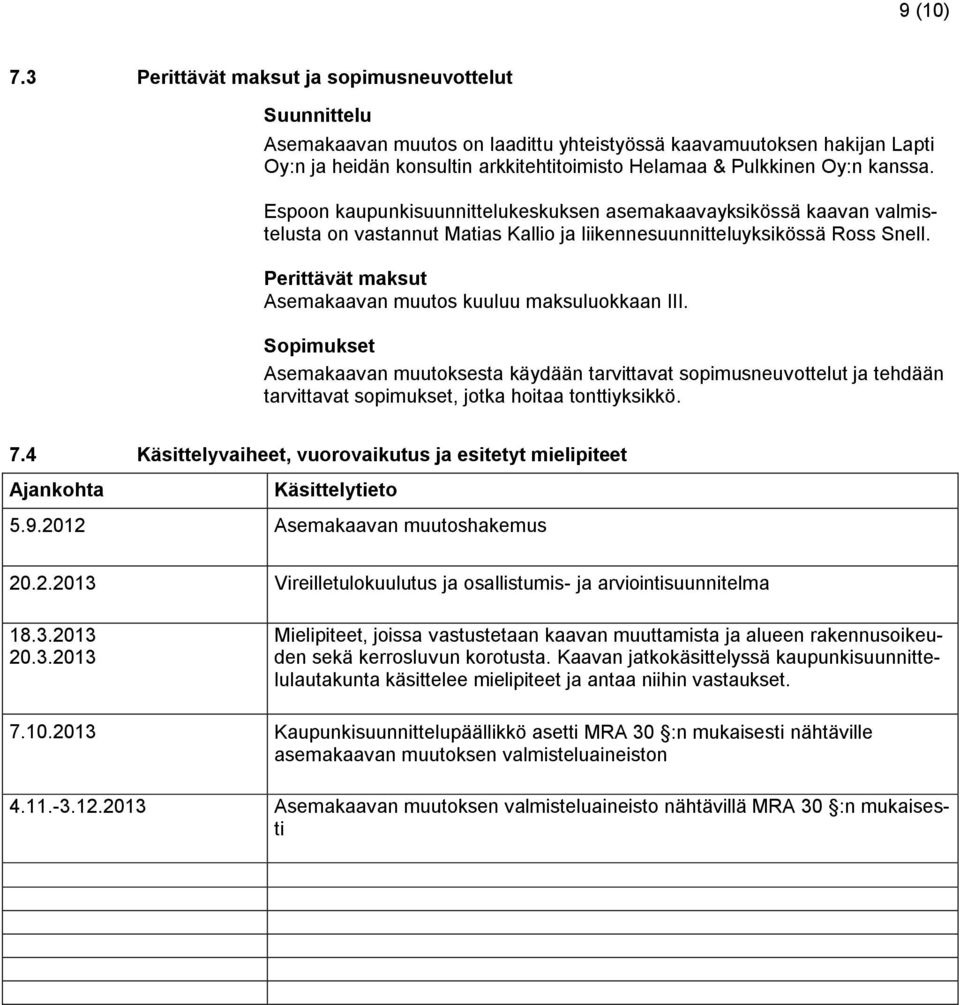 kanssa. Espoon kaupunkisuunnittelukeskuksen asemakaavayksikössä kaavan valmistelusta on vastannut Matias Kallio ja liikennesuunnitteluyksikössä Ross Snell.