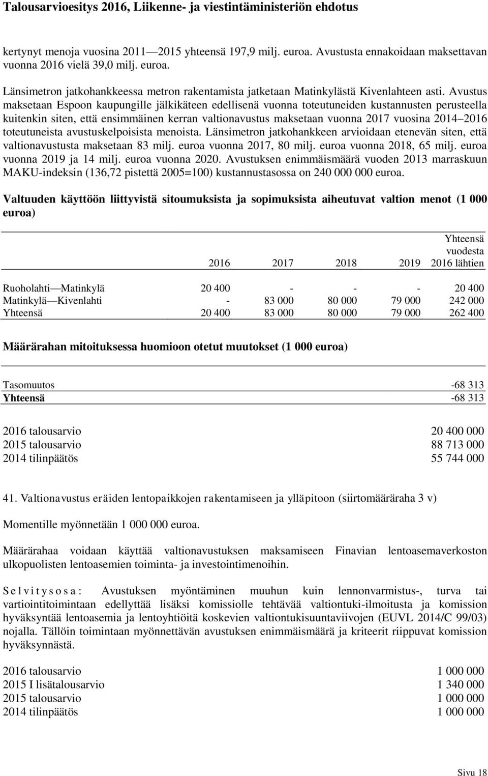 toteutuneista avustuskelpoisista menoista. Länsimetron jatkohankkeen arvioidaan etenevän siten, että valtionavustusta maksetaan 83 milj. euroa vuonna 2017, 80 milj. euroa vuonna 2018, 65 milj.