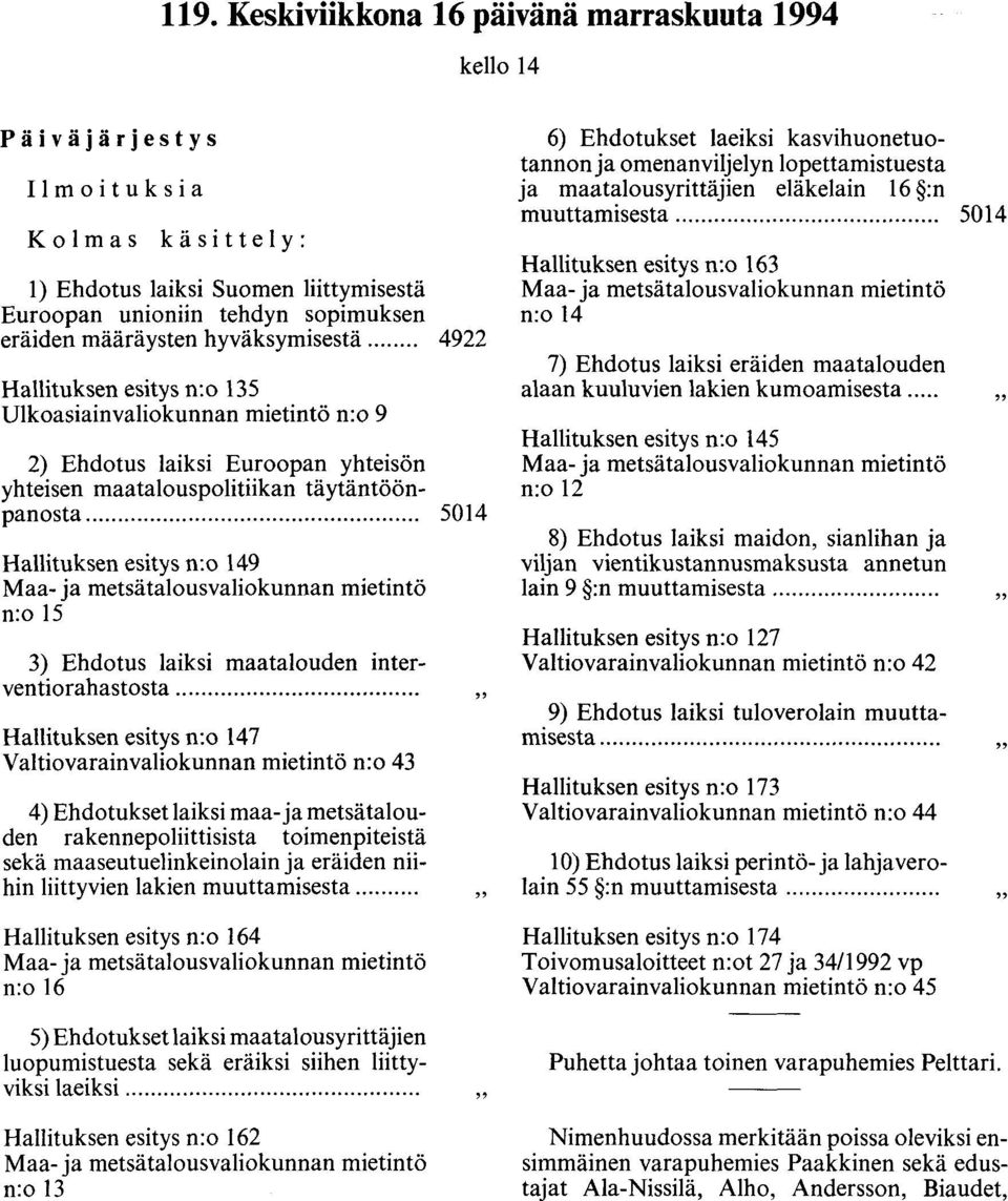 .. 5014 Hallituksen esitys n:o 149 Maa- ja metsätalousvaliokunnan mietintö n:o 15 3) Ehdotus laiksi maatalouden interventiorahastosta.