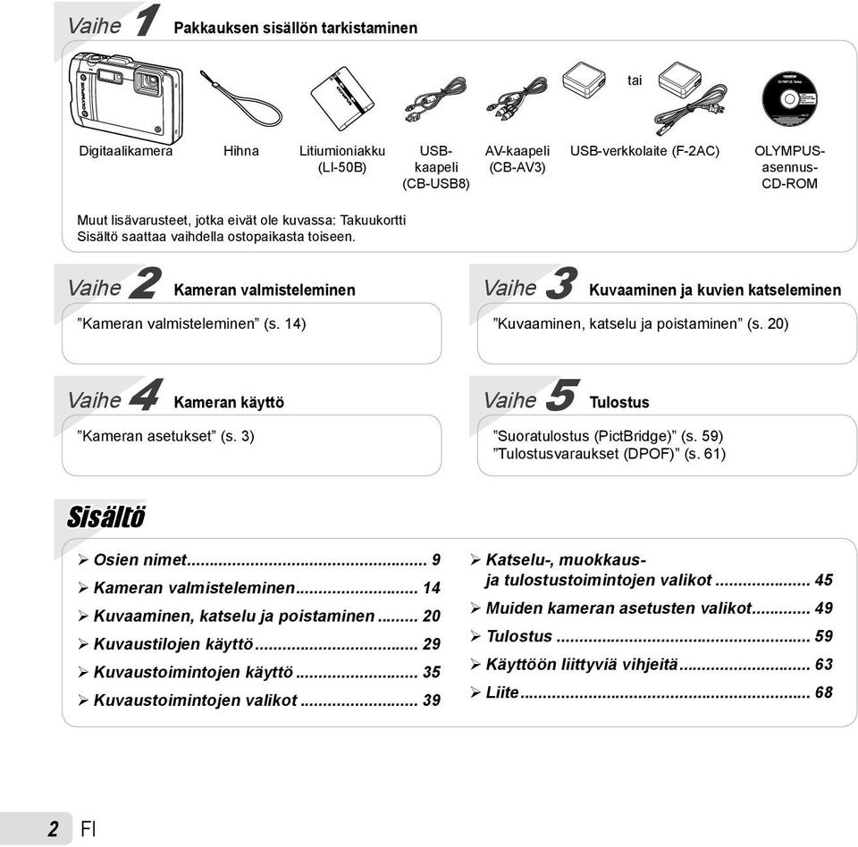 14) Vaihe 3 Kuvaaminen ja kuvien katseleminen Kuvaaminen, katselu ja poistaminen (s. 20) Vaihe 4 Kameran käyttö Kameran asetukset (s. 3) Vaihe 5 Tulostus Suoratulostus (PictBridge) (s.