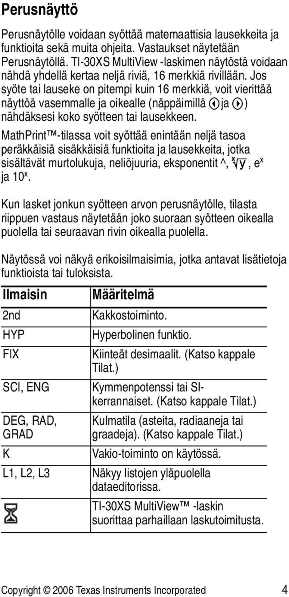 Jos syöte tai lauseke on pitempi kuin 16 merkkiä, voit vierittää näyttöä vasemmalle ja oikealle (näppäimillä!ja ") nähdäksesi koko syötteen tai lausekkeen.