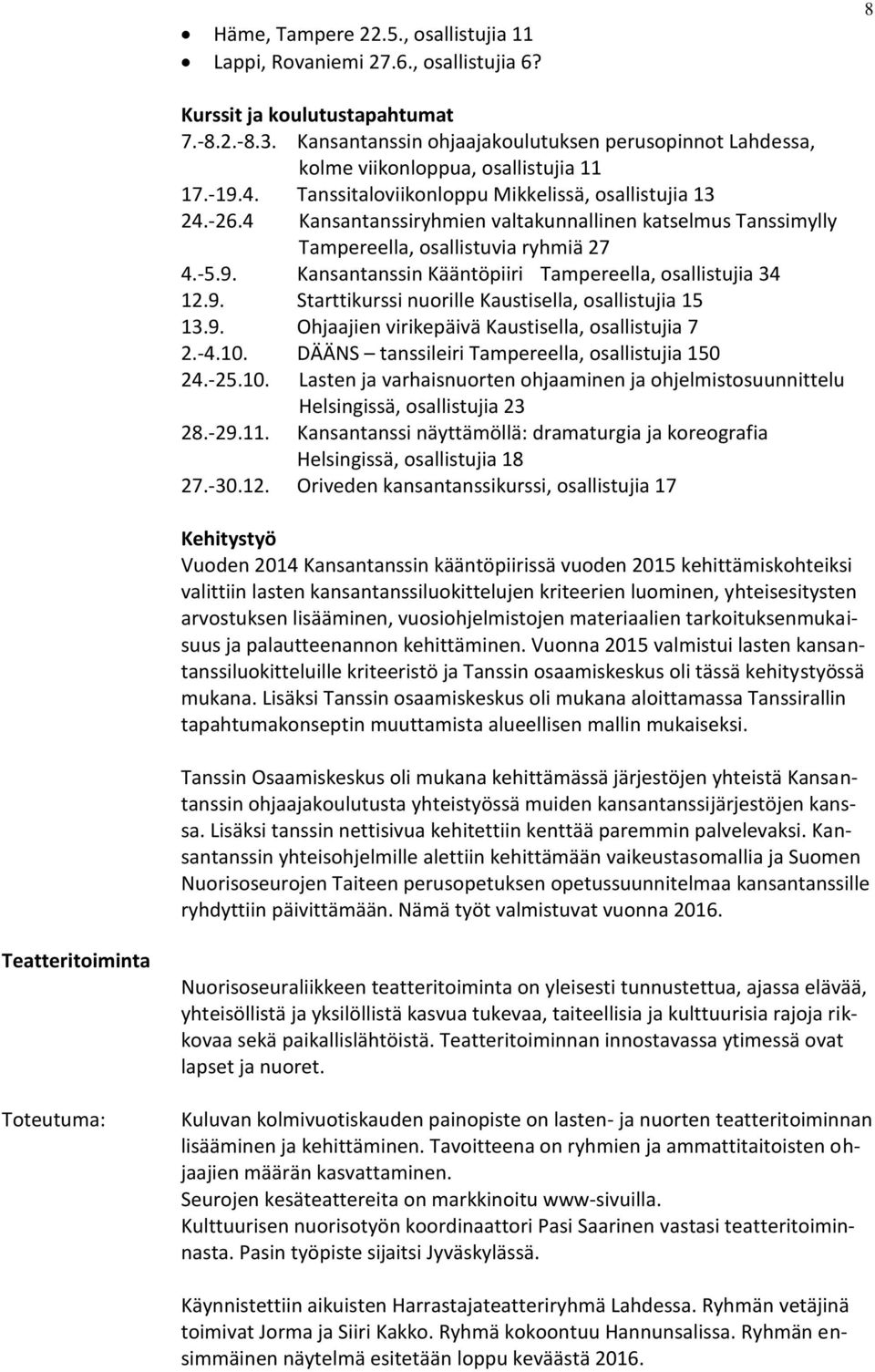 4 Kansantanssiryhmien valtakunnallinen katselmus Tanssimylly Tampereella, osallistuvia ryhmiä 27 4.-5.9. Kansantanssin Kääntöpiiri Tampereella, osallistujia 34 12.9. Starttikurssi nuorille Kaustisella, osallistujia 15 13.