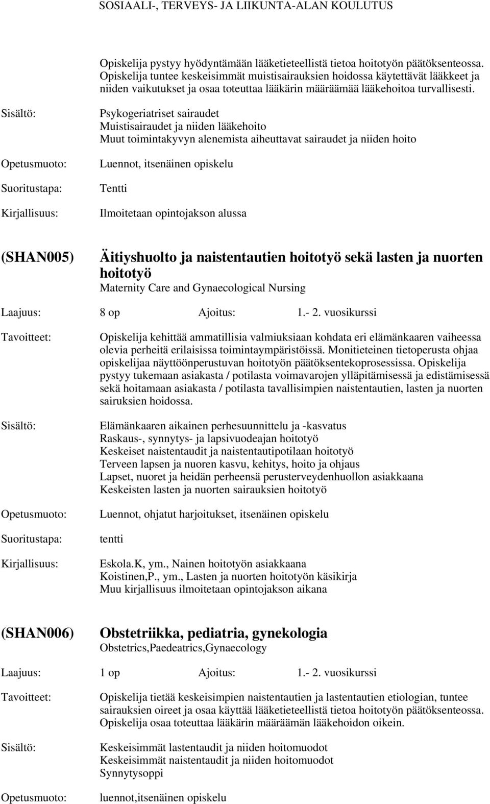 Psykogeriatriset sairaudet Muistisairaudet ja niiden lääkehoito Muut toimintakyvyn alenemista aiheuttavat sairaudet ja niiden hoito Luennot, itsenäinen opiskelu Tentti (SHAN005) Äitiyshuolto ja