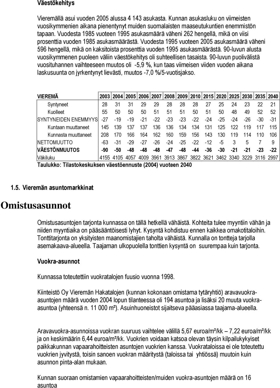 Vuodesta 1995 vuoteen 2005 asukasmäärä väheni 596 hengellä, mikä on kaksitoista prosenttia vuoden 1995 asukasmäärästä.