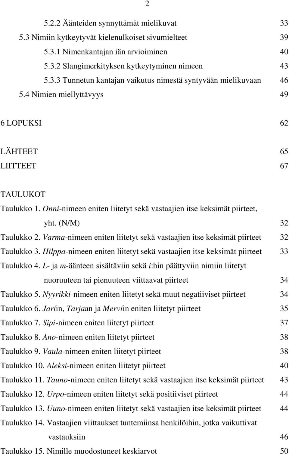 Varma-nimeen eniten liitetyt sekä vastaajien itse keksimät piirteet 32 Taulukko 3. Hilppa-nimeen eniten liitetyt sekä vastaajien itse keksimät piirteet 33 Taulukko 4.