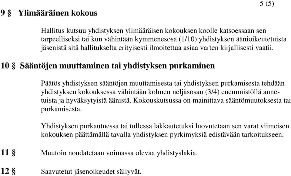 10 Sääntöjen muuttaminen tai yhdistyksen purkaminen Päätös yhdistyksen sääntöjen muuttamisesta tai yhdistyksen purkamisesta tehdään yhdistyksen kokouksessa vähintään kolmen neljäsosan (3/4)