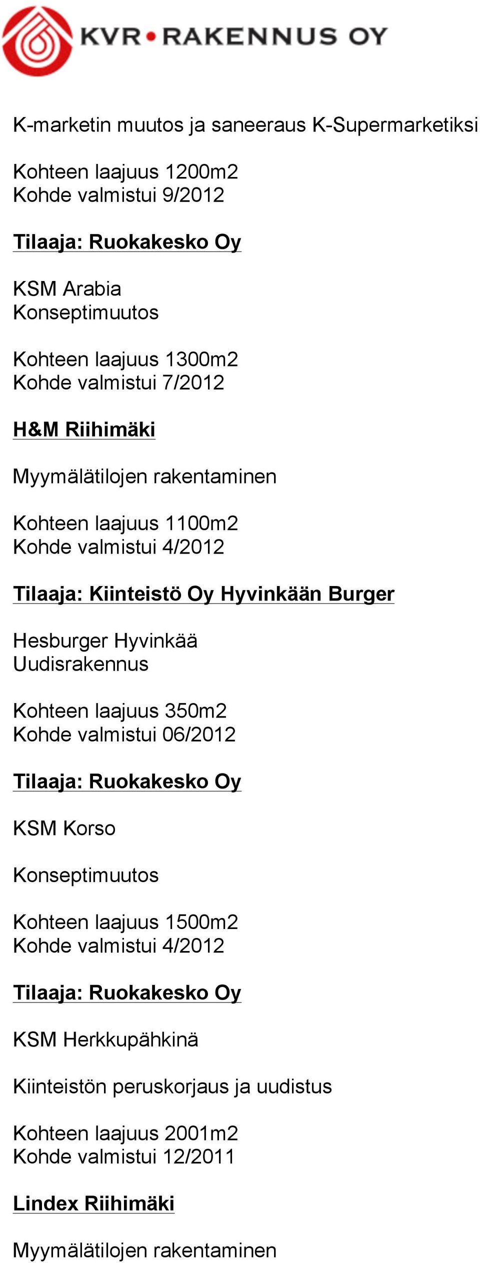 Burger Hesburger Hyvinkää Uudisrakennus Kohteen laajuus 350m2 Kohde valmistui 06/2012 KSM Korso Konseptimuutos Kohteen laajuus 1500m2 Kohde