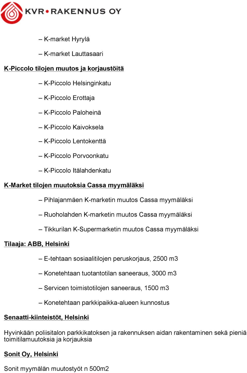 Tikkurilan K-Supermarketin muutos Cassa myymäläksi E-tehtaan sosiaalitilojen peruskorjaus, 2500 m3 Konetehtaan tuotantotilan saneeraus, 3000 m3 Servicen toimistotilojen saneeraus, 1500 m3 Konetehtaan