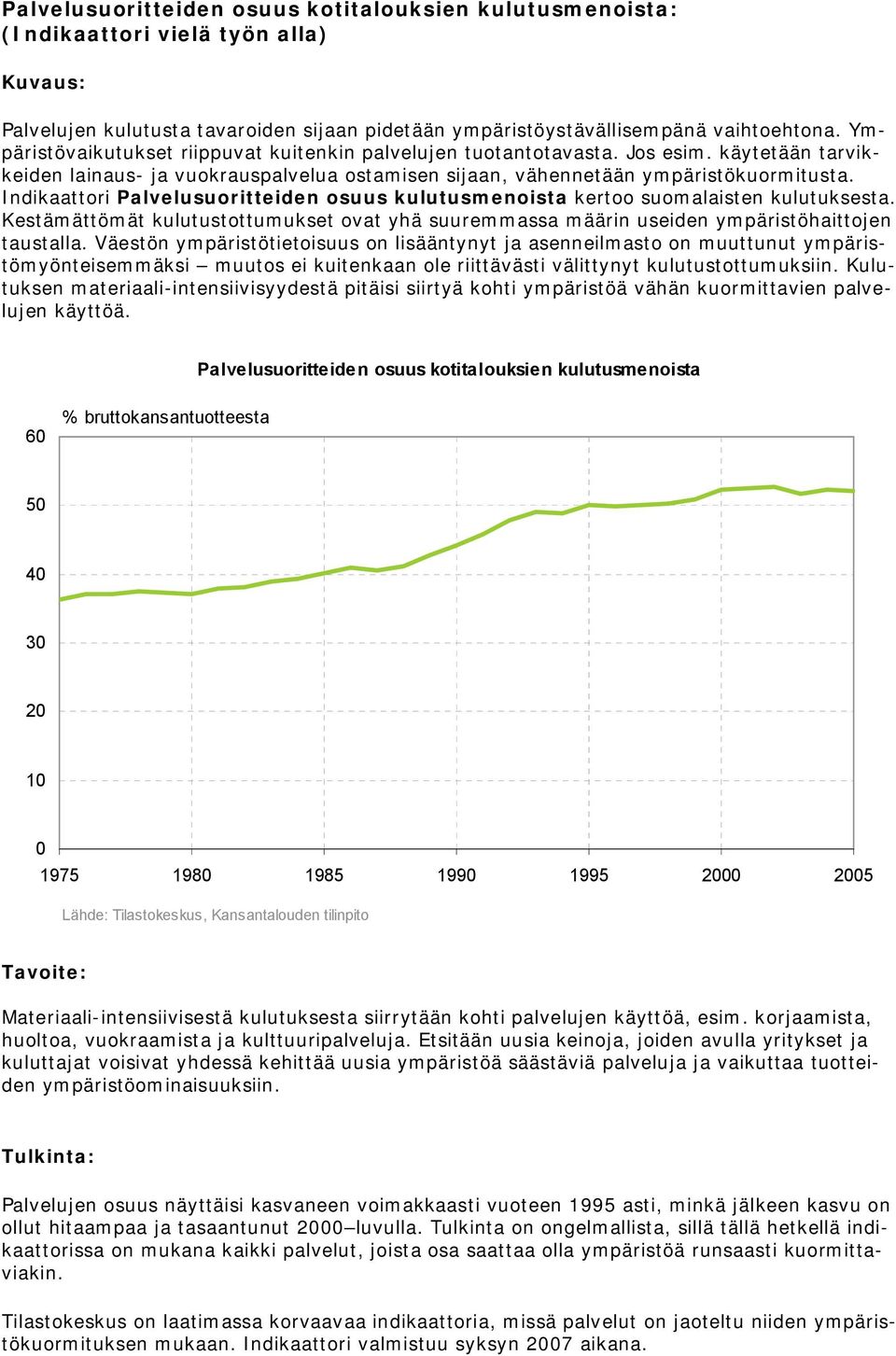Indikaattori Palvelusuoritteiden osuus kulutusmenoista kertoo suomalaisten kulutuksesta. Kestämättömät kulutustottumukset ovat yhä suuremmassa määrin useiden ympäristöhaittojen taustalla.