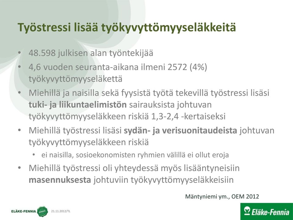 työstressi lisäsi tuki- ja liikuntaelimistön sairauksista johtuvan työkyvyttömyyseläkkeen riskiä 1,3-2,4 -kertaiseksi Miehillä työstressi lisäsi