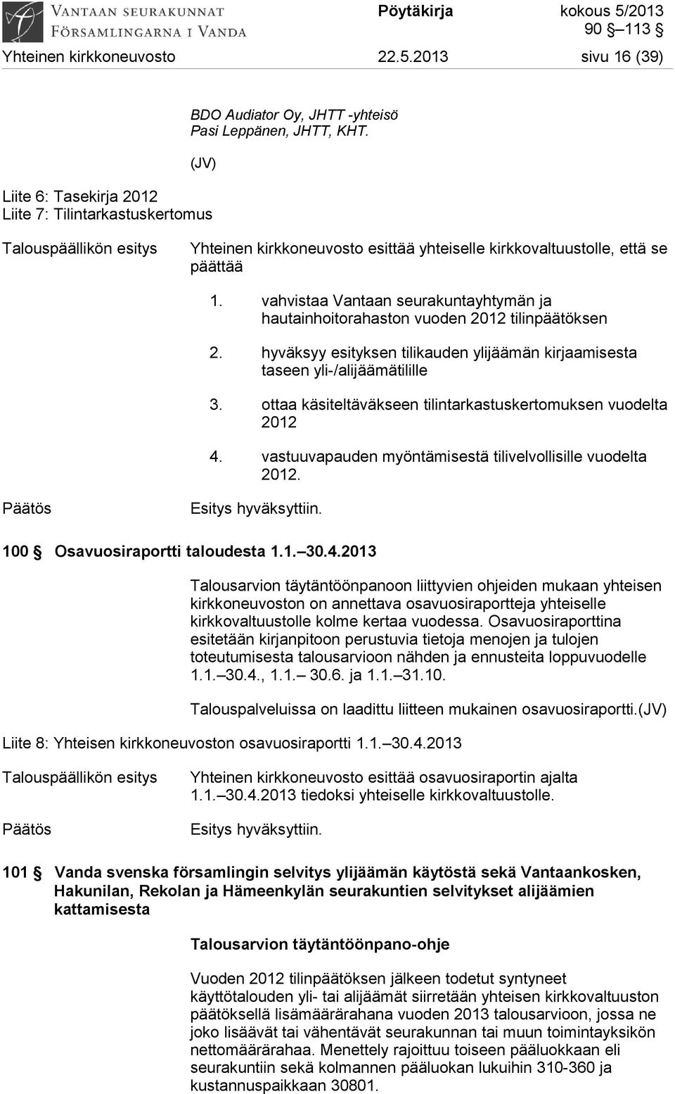 vahvistaa Vantaan seurakuntayhtymän ja hautainhoitorahaston vuoden 2012 tilinpäätöksen 2. hyväksyy esityksen tilikauden ylijäämän kirjaamisesta taseen yli-/alijäämätilille 3.