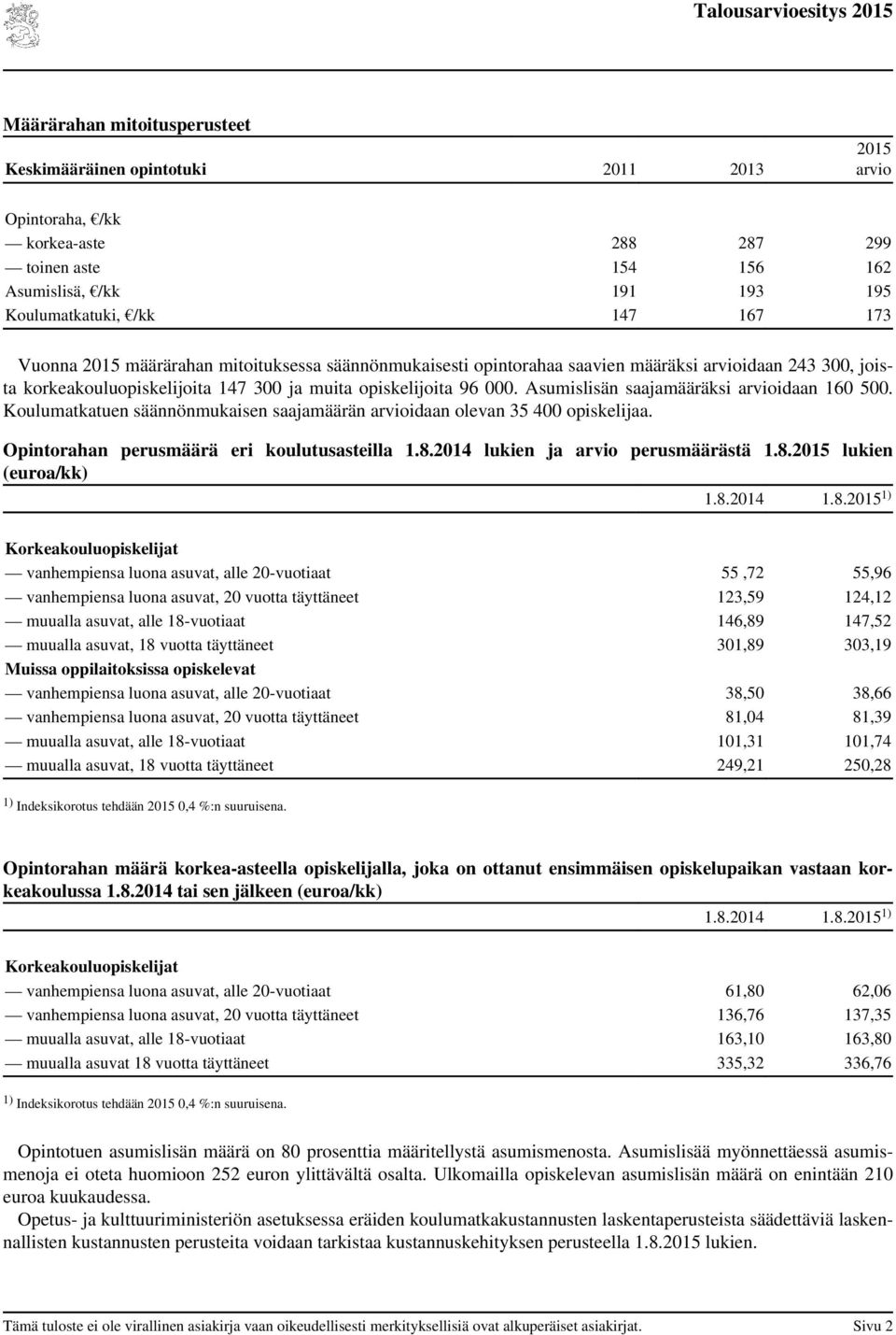 Koulumatkatuen säännönmukaisen saajamäärän idaan olevan 35 400 opiskelijaa. Opintorahan perusmäärä eri koulutusasteilla 1.8.