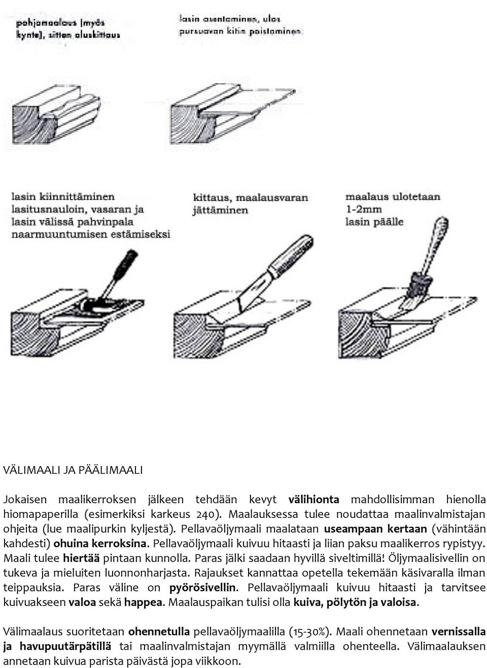 Pellavaöljymaali kuivuu hitaasti ja liian paksu maalikerros rypistyy. Maali tulee hiertää pintaan kunnolla. Paras jälki saadaan hyvillä siveltimillä!