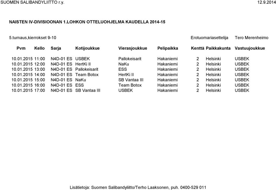 01.2015 14:00 N4D-01 ES Team Botox HertKi II Hakaniemi 2 Helsinki USBEK 10.01.2015 15:00 N4D-01 ES NaKu SB Vantaa III Hakaniemi 2 Helsinki USBEK 10.