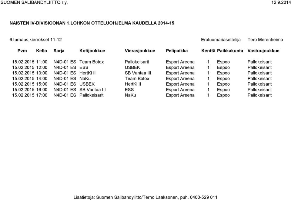 02.2015 15:00 N4D-01 ES USBEK HertKi II Esport Areena 1 Espoo Pallokeisarit 15.02.2015 16:00 N4D-01 ES SB Vantaa III ESS Esport Areena 1 Espoo Pallokeisarit 15.