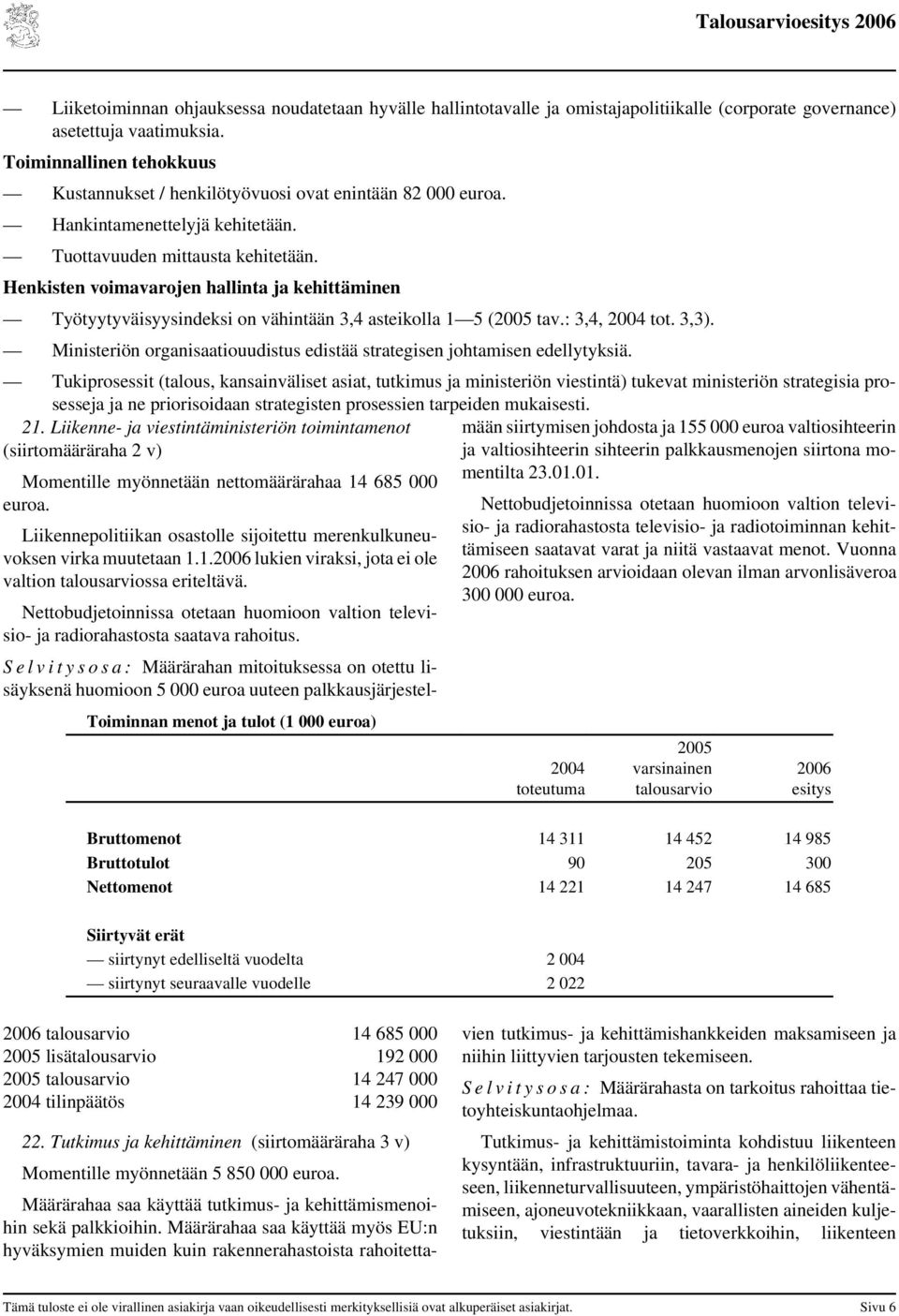 Henkisten voimavarojen hallinta ja kehittäminen Työtyytyväisyysindeksi on vähintään 3,4 asteikolla 1 5 (2005 tav.: 3,4, 2004 tot. 3,3).