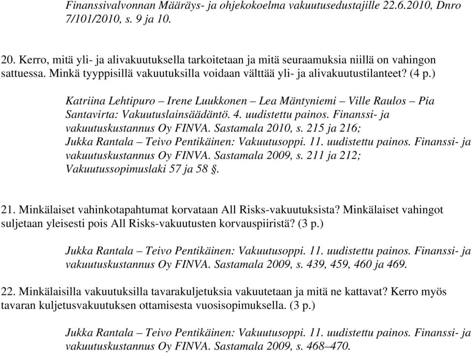 ) Katriina Lehtipuro Irene Luukkonen Lea Mäntyniemi Ville Raulos Pia Santavirta: Vakuutuslainsäädäntö. 4. uudistettu painos. Finanssi- ja vakuutuskustannus Oy FINVA. Sastamala 2010, s.