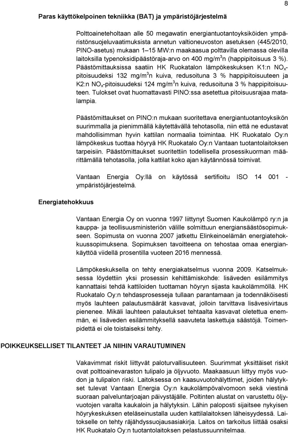 Päästömittauksissa saatiin HK Ruokatalon lämpökeskuksen K1:n NO x - pitoisuudeksi 132 mg/m 3 n kuiva, redusoituna 3 % happipitoisuuteen ja K2:n NO x -pitoisuudeksi 124 mg/m 3 n kuiva, redusoituna 3 %