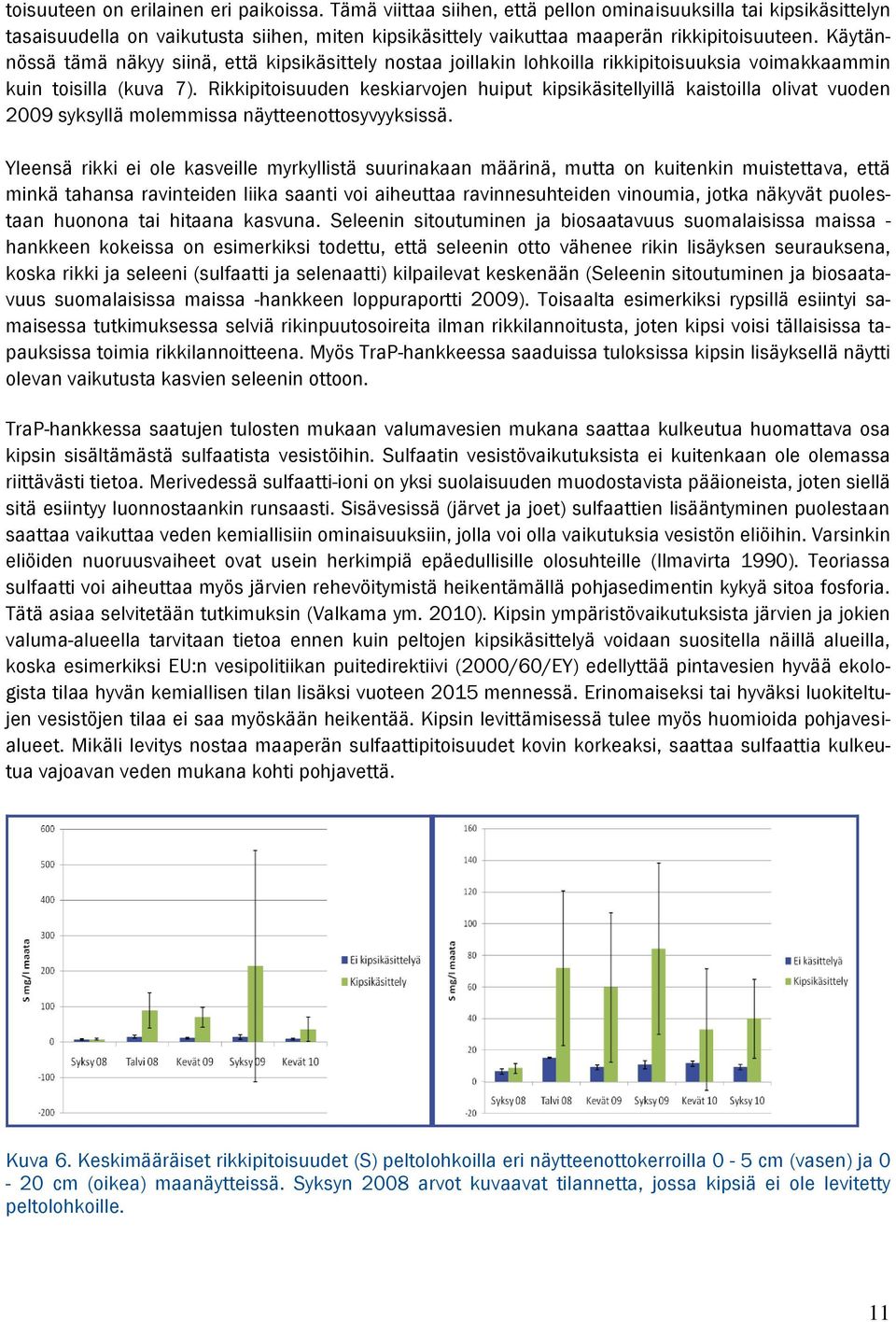 Käytännössä tämä näkyy siinä, että kipsikäsittely nostaa joillakin lohkoilla rikkipitoisuuksia voimakkaammin kuin toisilla (kuva 7).