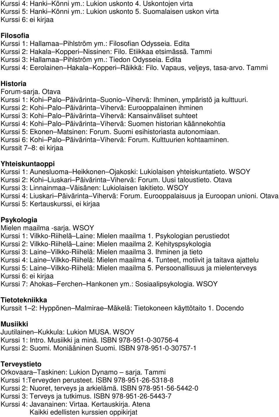 Edita Kurssi 4: Eerolainen Hakala Kopperi Räikkä: Filo. Vapaus, veljeys, tasa-arvo. Tammi Historia Forum-sarja. Otava Kurssi 1: Kohi Palo Päivärinta Suonio Vihervä: Ihminen, ympäristö ja kulttuuri.