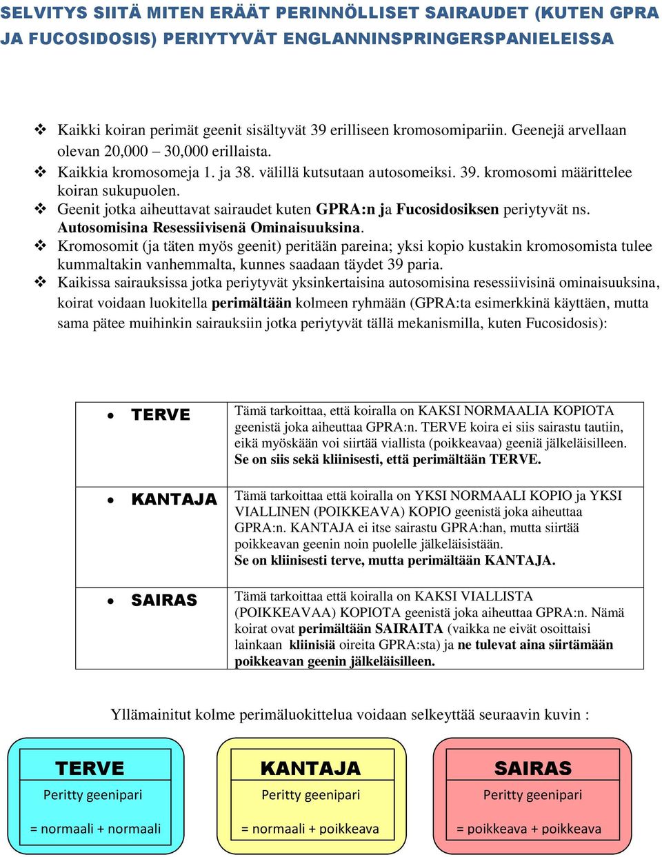 Geenit jotka aiheuttavat sairaudet kuten GPRA:n ja Fucosidosiksen periytyvät ns. Autosomisina Resessiivisenä Ominaisuuksina.