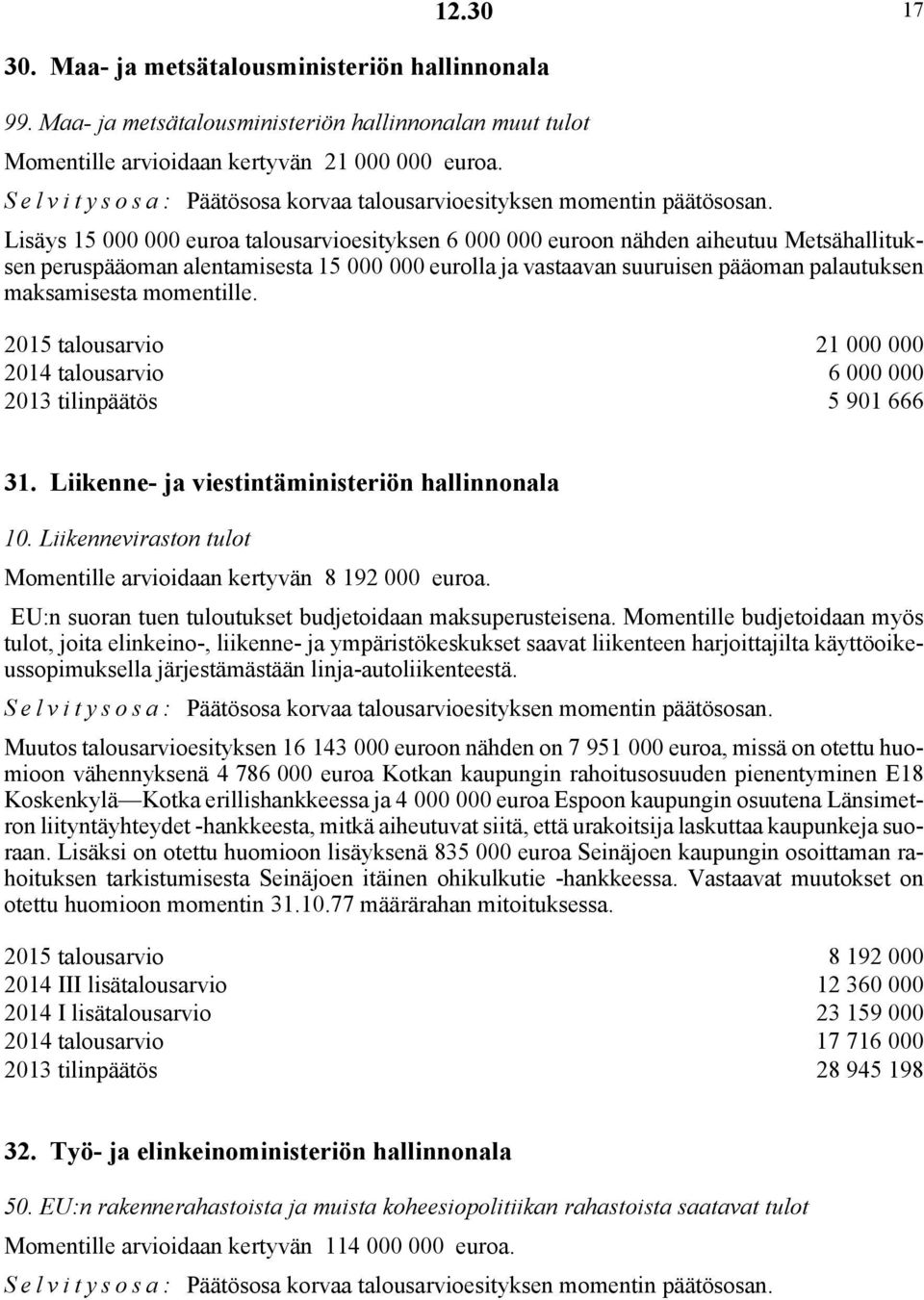 Lisäys 15 000 000 euroa talousarvioesityksen 6 000 000 euroon nähden aiheutuu Metsähallituksen peruspääoman alentamisesta 15 000 000 eurolla ja vastaavan suuruisen pääoman palautuksen maksamisesta