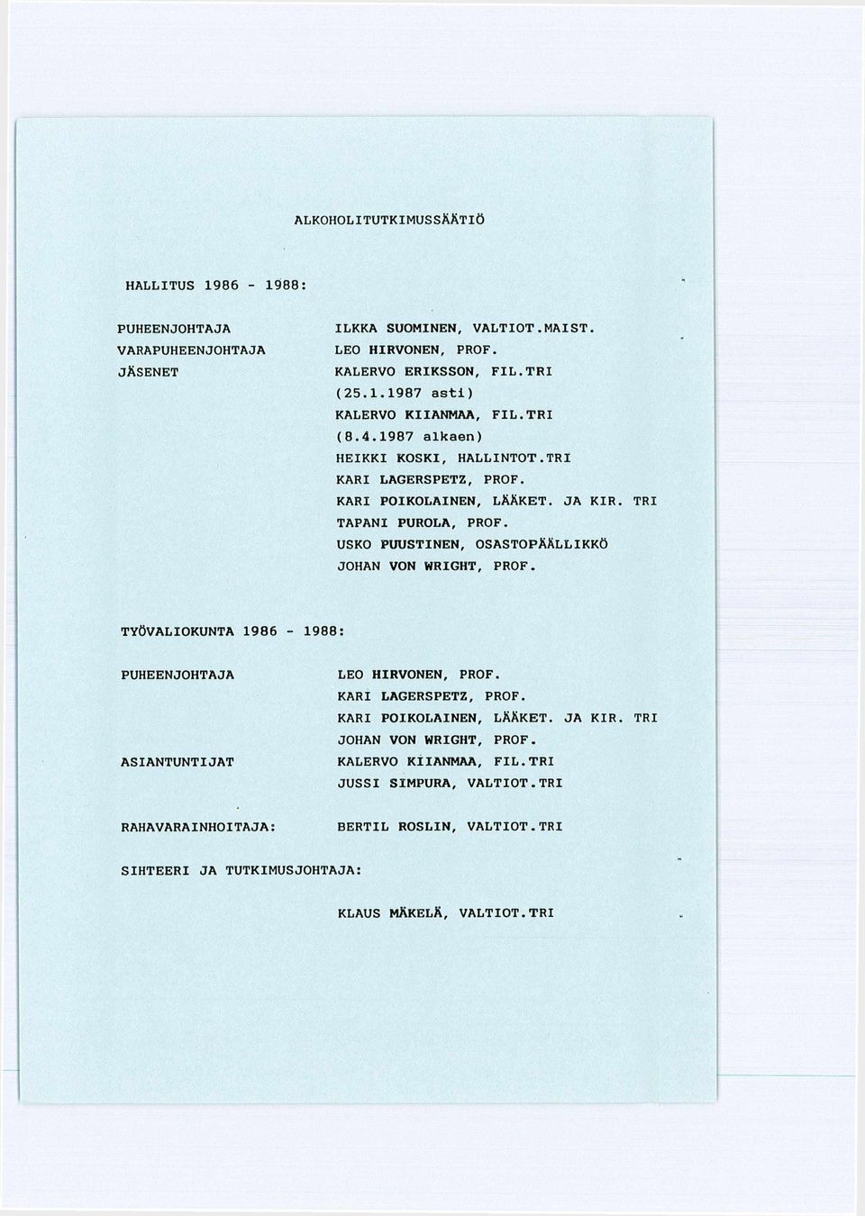 USKO PUUSTINEN, OSASTOPÄÄLLIKKÖ JOHAN VON WRIGHT, PROF. TYÖVALIOKUNTA 1986-1988: PUHEENJOHTAJA ASIANTUNTIJAT LEO HIRVONEN, PROF. KARI LAGERSPETZ, PROF.