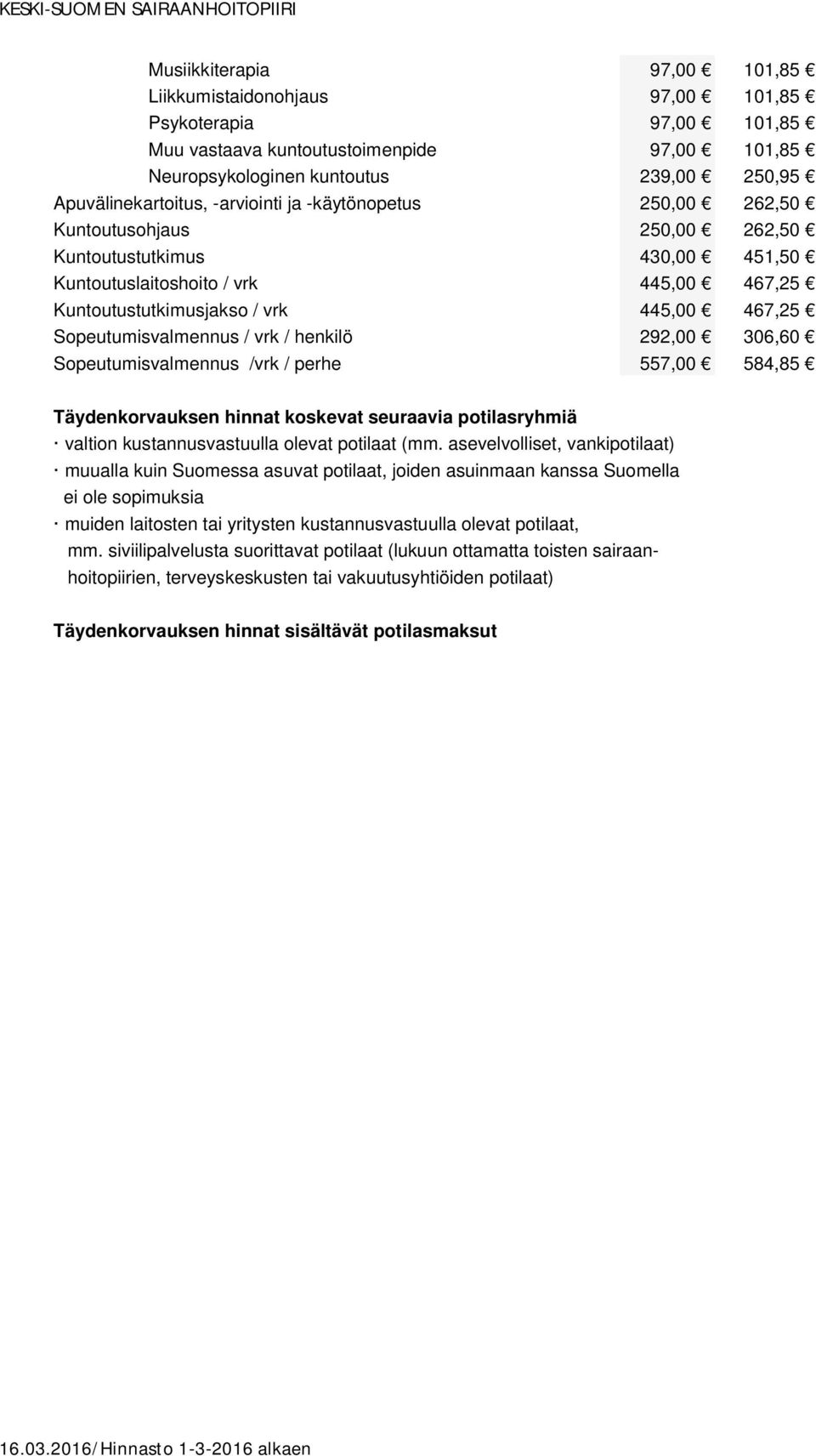 Sopeutumisvalmennus / vrk / henkilö 292,00 306,60 Sopeutumisvalmennus /vrk / perhe 557,00 584,85 hinnat koskevat seuraavia potilasryhmiä valtion kustannusvastuulla olevat potilaat (mm.