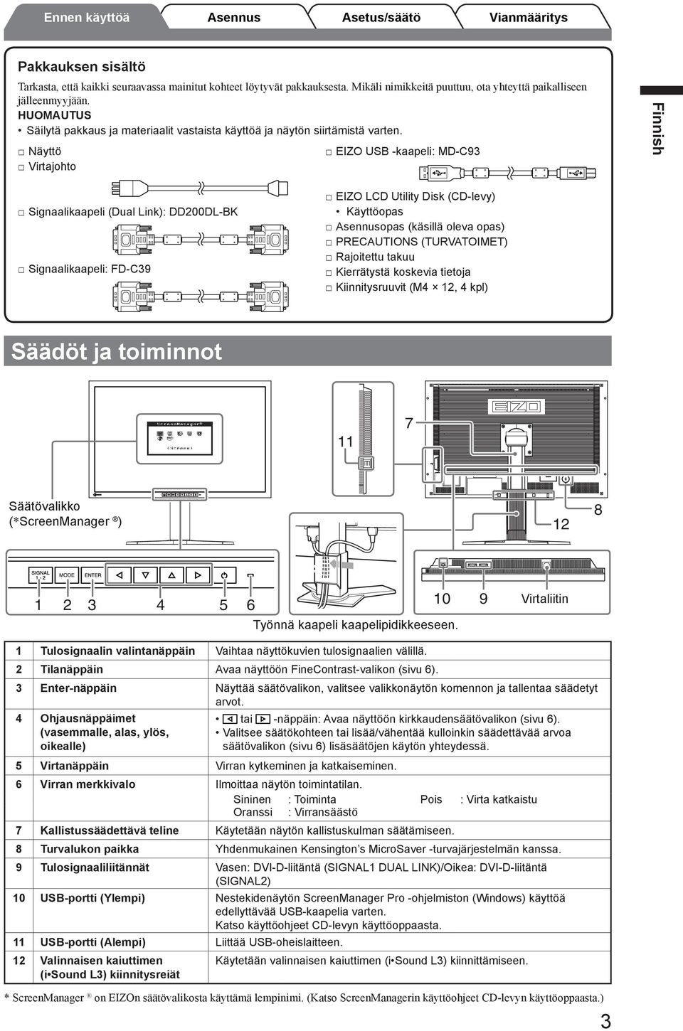 Näyttö EIZO USB -kaapeli: MD-C9 Virtajohto Signaalikaapeli (Dual Link): DD200DL-BK Signaalikaapeli: FD-C9 EIZO LCD Utility Disk (CD-levy) Käyttöopas opas (käsillä oleva opas) PRECAUTIONS