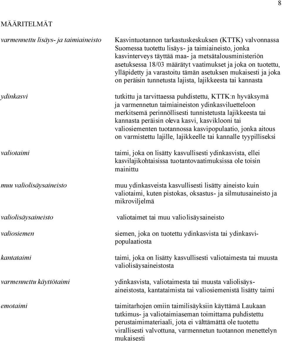 tuotettu, ylläpidetty ja varastoitu tämän asetuksen mukaisesti ja joka on peräisin tunnetusta lajista, lajikkeesta tai kannasta tutkittu ja tarvittaessa puhdistettu, KTTK:n hyväksymä ja varmennetun