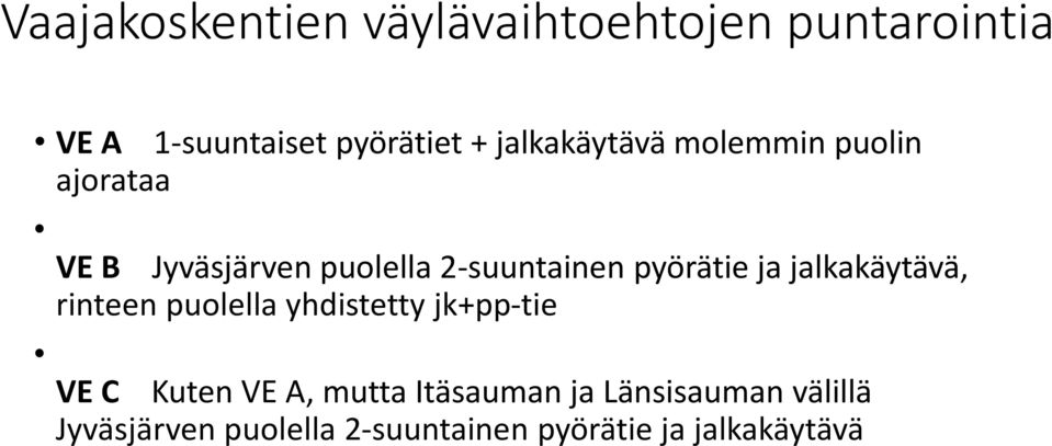 pyörätie ja jalkakäytävä, rinteen puolella yhdistetty jk+pp-tie VE C Kuten VE A,