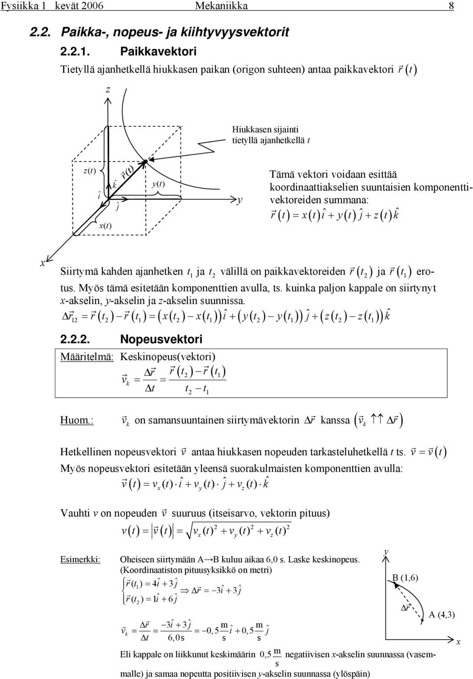 oponenttivetoeiden uana: t = t i ˆ + y t ˆ j+ z t ( ) ( ) ( ) ( ) ˆ Siityä ahden ajanheten t ja t eotu. Myö tää eitetään oponenttien avulla, t.