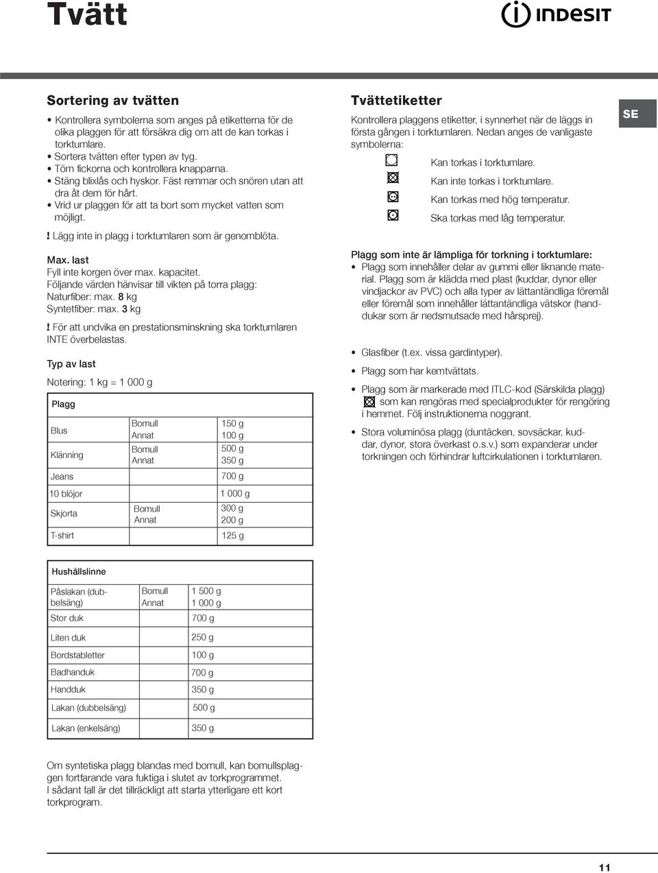 ! Lägg inte in plagg i torktumlaren som är genomblöta. Max. last Fyll inte korgen över max. kapacitet. Följande värden hänvisar till vikten på torra plagg: Naturfiber: max. 8 kg Syntetfiber: max.