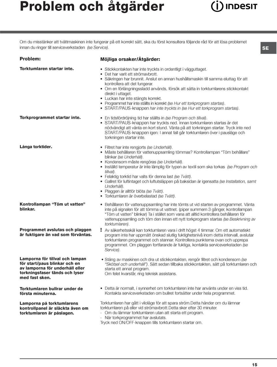 Lamporna för tillval och lampan för start/paus blinkar och en av lamporna för underhåll eller torkningsfaser tänds och lyser med fast sken. Torktumlaren bullrar under de första minuterna.