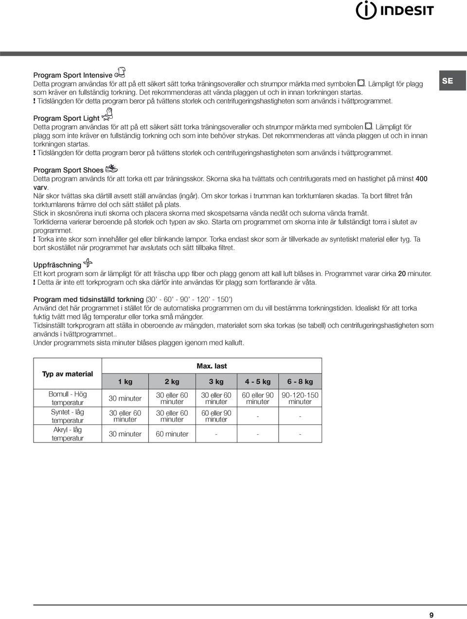 SE Program Sport Light Detta program användas för att på ett säkert sätt torka träningsoveraller och strumpor märkta med symbolen.