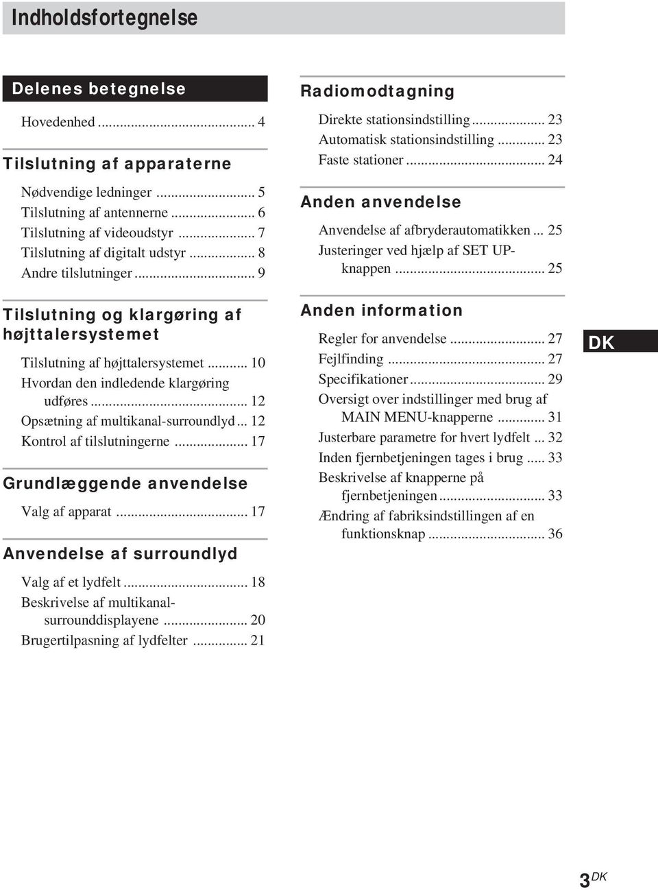 .. 12 Kontrol af tilslutningerne... 17 Grundlæggende anvendelse Valg af apparat... 17 Anvendelse af surroundlyd Valg af et lydfelt... 18 Beskrivelse af multikanalsurrounddisplayene.