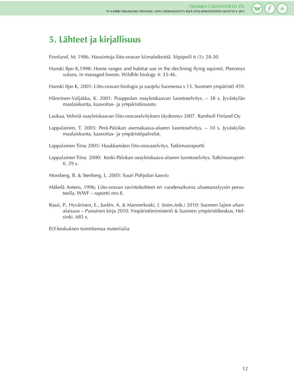 Hanski Ilpo K, 2001: Liito-oravan biologia ja suojelu Suomessa s 13. Suomen ympäristö 459. Hänninen-Valjakka, K. 2001: Puuppolan osayleiskaavan luontoselvitys. 38 s.