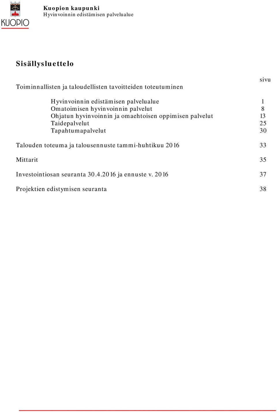 hyvinvoinnin ja omaehtoisen oppimisen palvelut 13 Taidepalvelut 25 Tapahtumapalvelut 30 Talouden toteuma ja