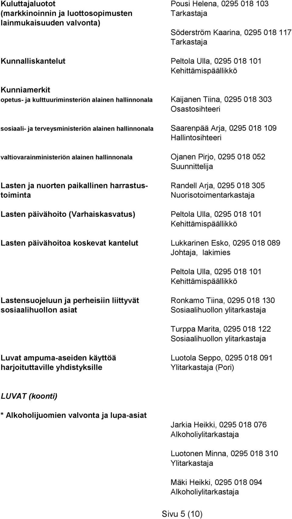 Hallintosihteeri valtiovarainministeriön alainen hallinnonala Ojanen Pirjo, 0295 018 052 Suunnittelija Lasten ja nuorten paikallinen harrastus- Randell Arja, 0295 018 305 toiminta